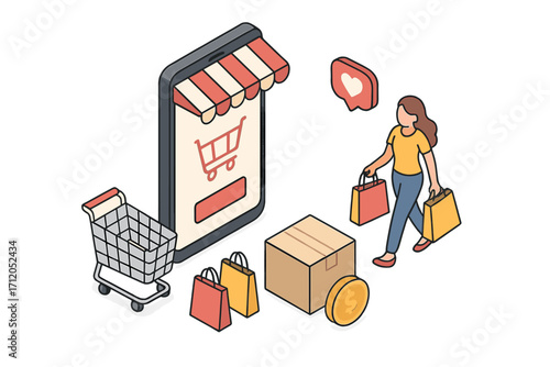 Mobile shopping isometric concept. Woman with bags buying from online store app on smartphone. E-commerce retail vector illustration. Digital purchase, order, payment and delivery.