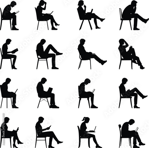 Seated people silhouettes collection, reading and device usage poses, lifestyle icons, ergonomic posture illustration, education, technology, office, study design