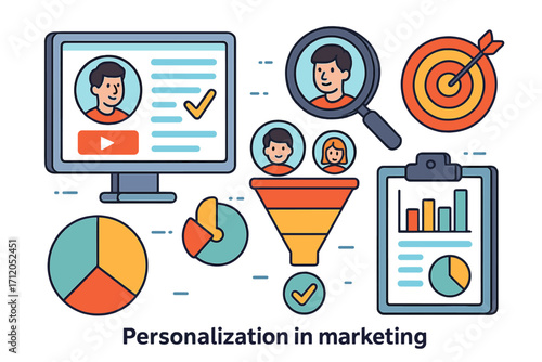 Personalization in marketing concept. Delivering tailored experiences to the customer. Customized content, behavioral targeting, data analytics, sales funnel and CRM strategy.