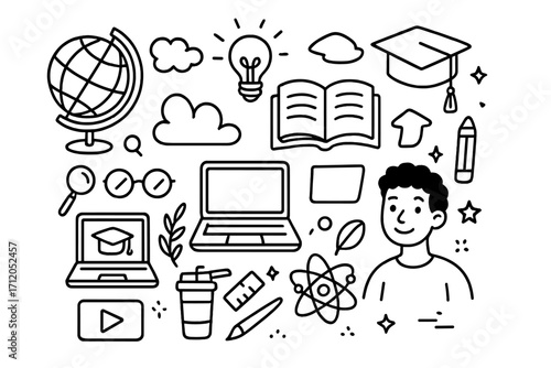 Education doodle icon set. E-learning, online course and knowledge concept. Student, study, science, back to school elements. Hand drawn vector line art illustration collection.