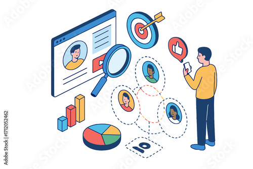 Personalization marketing isometric concept. Customer data analysis for tailored advertising. User profile segmentation and behavioral targeting. Digital crm strategy for audience.