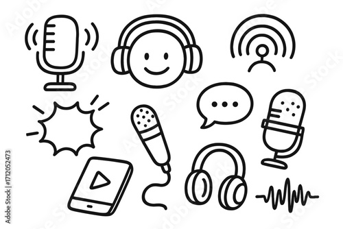Podcast doodle icon set. Hand drawn vector line art. Broadcasting and streaming elements. Microphone, headphones, sound wave, speech bubble for audio media and communication.