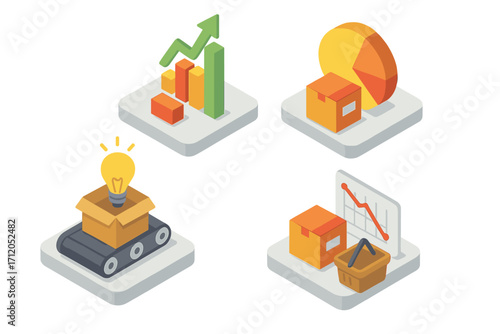 Product life cycle isometric icon set. Introduction, growth, maturity, decline stages. Business marketing strategy concept. Vector illustration with chart and graph analysis.
