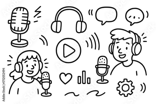 Podcast doodle icon set. Audio broadcast. Man woman host character with microphone, headphones, speech bubble. Sound wave. Streaming radio show. Live interview concept. Media player.