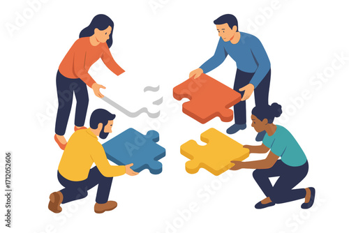 Teamwork and Collaboration Concept with Diverse Group Connecting Puzzle Pieces, Isometric Vector Cartoon Illustration with Transparent Background, Business Strategy and Problem Solving