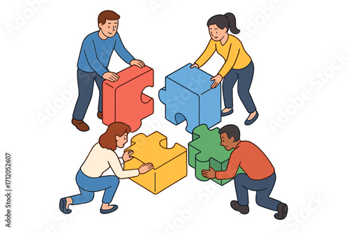 Team assembling colorful puzzle pieces collaboration teamwork concept, group solving jigsaw puzzle, isometric vector cartoon illustration, transparent background, unity and cooperation symbol