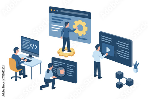Software development isometric banner with vector cartoon illustration, programming, coding, bug fixing, video tutorial, teamwork, software engineering, technology workflow, web development concept