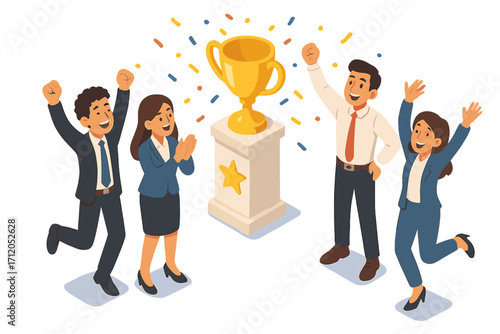 Team celebrating success with trophy, business achievement, group of coworkers winning award, happy corporate people with golden cup, office teamwork and victory illustration