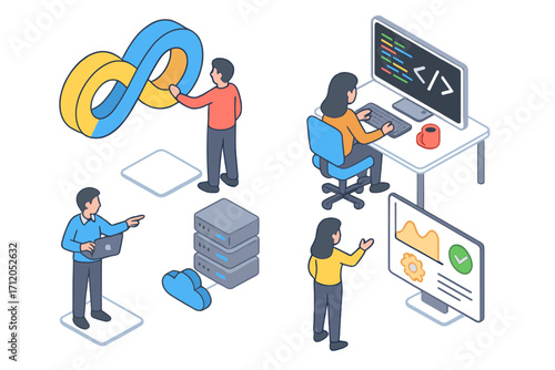 Isometric social media platform scene with developers coding and managing cloud servers, vector cartoon illustration of digital teamwork, cloud computing, and software development