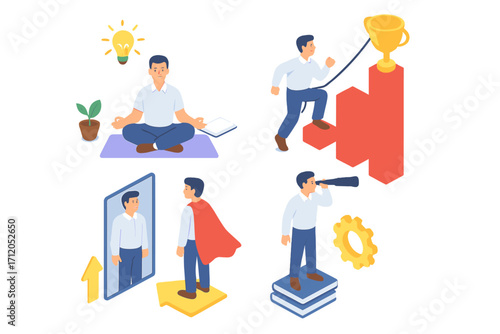 Business man meditation and creativity, success growth with trophy achievement, self confidence reflection superhero concept, vision and planning with binoculars, career development chart and strategy
