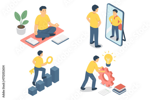Isometric Vector Illustration of Personal Growth and Self-Development, Meditation, Confidence Building, Problem Solving, and Success Steps, Conceptual Cartoon Set
