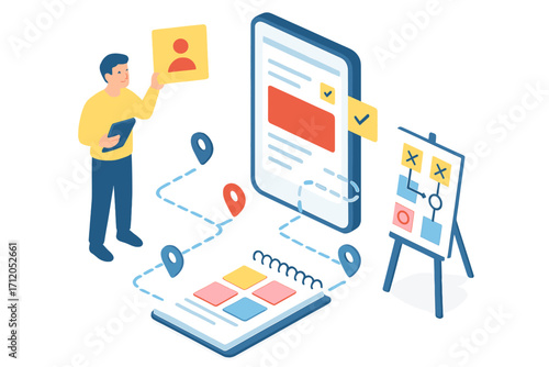 Isometric UX UI design illustration building user experience roadmap planning user interaction interface vector cartoon concept digital flowchart and app development process