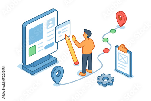 Isometric UX UI Design Illustration, User Experience Roadmap Planning, Interactive Interface Design, Digital Product Development, Vector Cartoon Concept with User and Navigation Elements