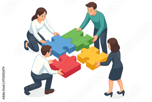 Teamwork concept with people connecting large colorful puzzle pieces, collaboration, partnership, business solution, isometric vector cartoon illustration, teamwork unity