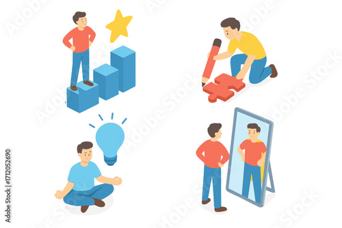 Isometric vector illustration of teamwork and self-improvement concepts with office setting, puzzle solving, meditation, success growth chart, and confident self-reflection