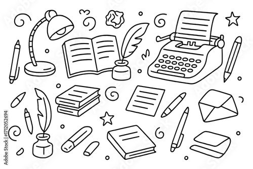 Writer workspace doodle background concept with open books, typewriter, ink quill, lamps, pens, notebooks, letters, and creative writing tools in cartoon vector illustration