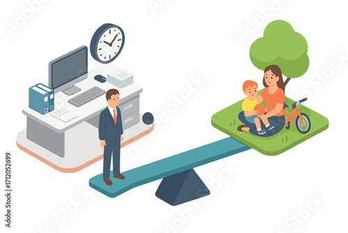 Work life balance concept isometric illustration with businessman and mother with child on seesaw, office and nature environment, harmony between career and family, stress relief, lifestyle