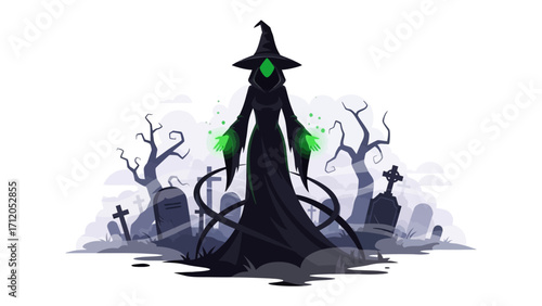 Mystical Witch in Cemetery: A spectral witch shrouded in a long cloak and pointed hat, standing amidst a graveyard, casting a haunting spell with luminous green energy.