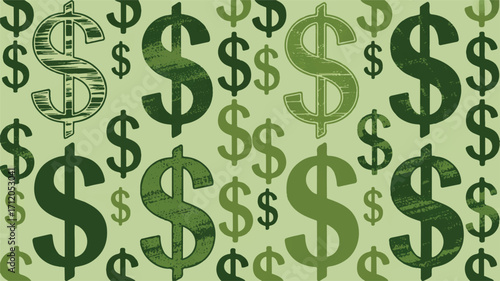Seamless Pattern of Textured Green Dollar Signs on a Light Green Background money finance
