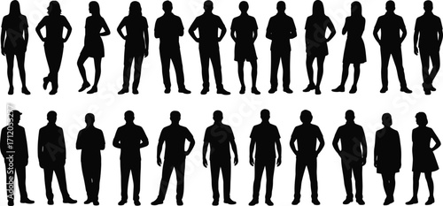 Standing people silhouettes collection, diverse male and female figures, fashion posture icons, lifestyle illustration, demographic design, gesture and stance