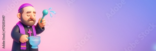 Cartoon priest holding holy water and sprinkling with aspergillum on colorful background with blank space for religious concept or message. Ai generative