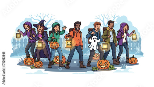 Halloween Spooktacular: A diverse group of trick-or-treaters strolls down a spooky lane, each carrying a lantern, a pumpkin, and the thrill of Halloween night!