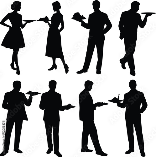 Waiter silhouettes collection, serving tray poses, hospitality staff icons, restaurant service illustration, catering worker design, food and drink concept