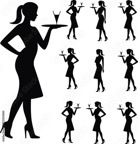 Waitress silhouettes collection, serving tray poses, hospitality worker icons, restaurant service illustration, catering staff, food and drink, barmaid design
