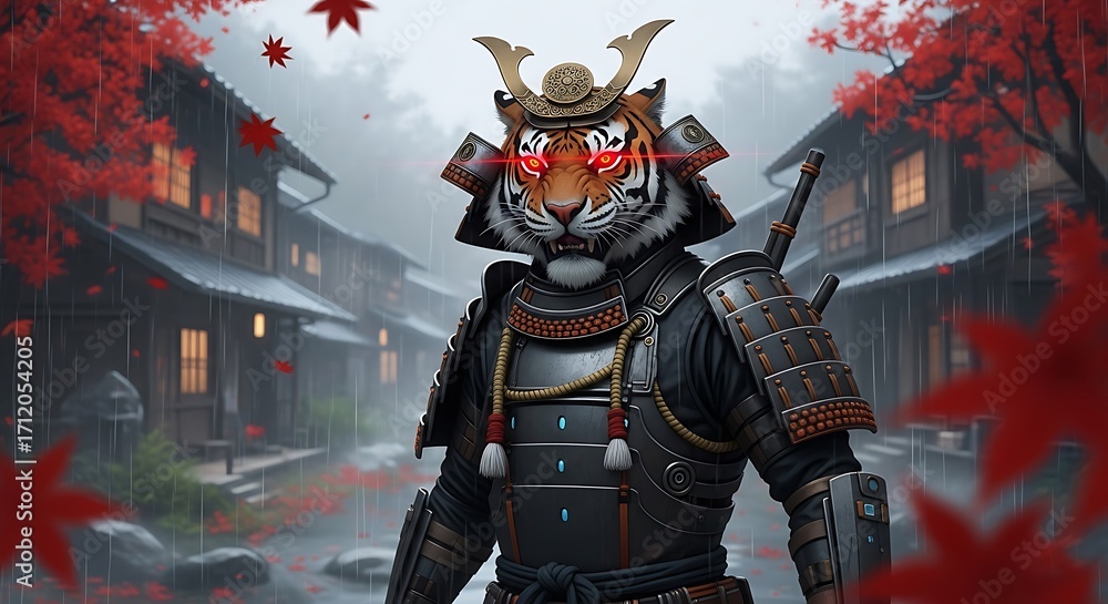 Fototapeta premium Tiger Samurai in Winter Village.