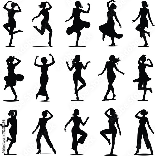 Women dance silhouettes collection, expressive female poses, performance art, rhythm and movement illustration, fashion dance icons, lifestyle, choreography design