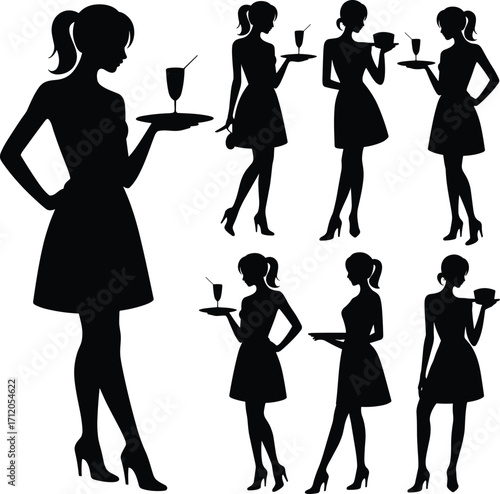 Women silhouettes with drinks, elegant fashion poses, social gathering icons, hospitality illustration, lifestyle design, party, cocktail, celebration concept