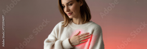 Soft Pink Background Illustration of Woman Touching Chest for Breast Cancer Awareness
