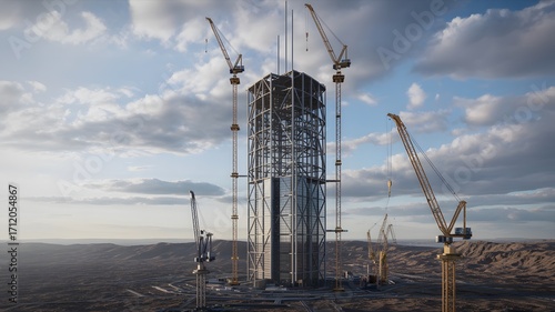 Construction Site Tower Under Development with Cranes and Framework Against a Sunny Sky