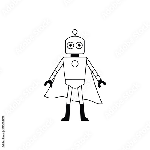 cartoon robot superhero with cape white background