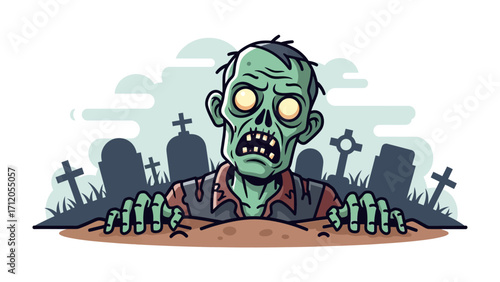 Undead rising: A menacing zombie emerges from the ground, with graveyard scenery, it's eerie aura promises a thrilling scene.