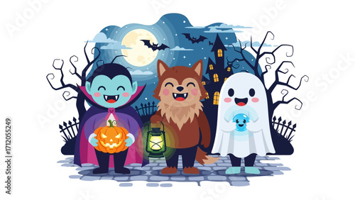 Spooky Squad: A delightful illustration of a cartoon vampire, werewolf, and ghost, united in the spirit of a full moon, under a spooky castle and bats, perfect for adding a touch of Halloween spirit.