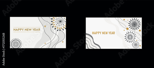 Set of Merry Christmas and Happy New Year Greeting Cards with Snow Landscape