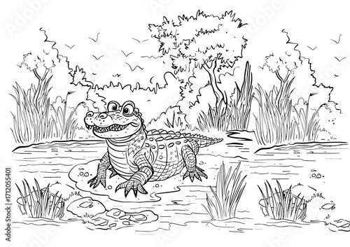 Alligator in forest near river , black and white line art for kids coloring book , vector illustration design.