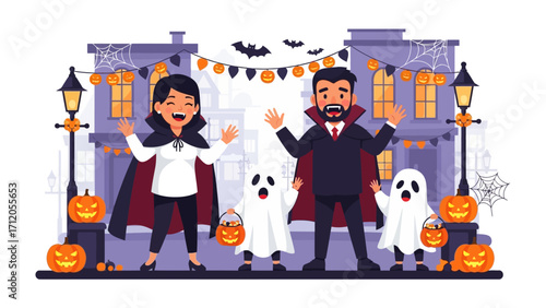 Spooktacular Halloween Family: A vibrant illustration captures a family in festive costumes, ready for a night of trick-or-treating. Spooky silhouettes, jack-o'-lanterns.