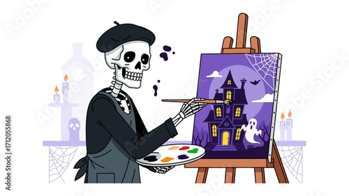 Skeletal Artist's Spooky Masterpiece: A skeleton, adorned in an artist's garb, meticulously crafts a haunted house painting on canvas. The scene is filled with eerie Halloween elements.