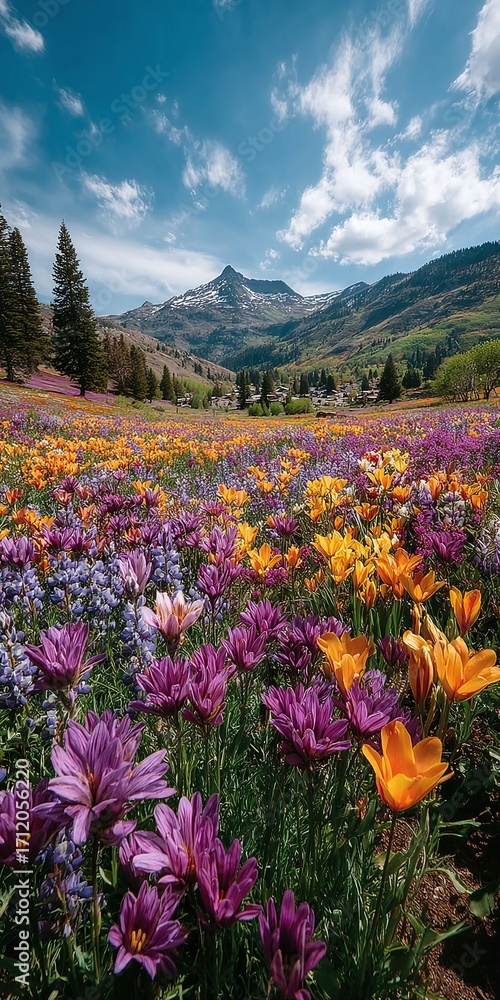 Obraz premium A breathtaking vista of a colorful wildflower meadow flourishing beneath a towering mountain range, illuminated by a bright blue sky, capturing the essence of nature's vibrant beauty