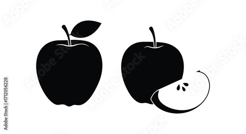 Black and white illustration featuring two apples one partially eaten