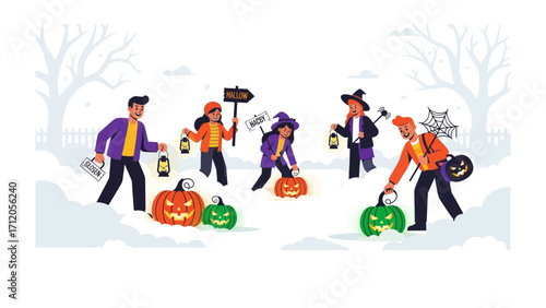 Halloween Celebration: A group of people and children in Halloween costumes carrying jack-o'-lanterns celebrating the festivities. capturing the joy and excitement of the holiday season.