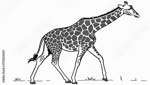 A grayscale illustration of a giraffe walking wildlife animal nature african savanna zoo animal elegant tall long neck spotted pattern black and white graphic design element vector art.