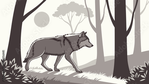 A grayscale illustration of a wolf walking through a forest perfect for nature wildlife and fantasy themes.