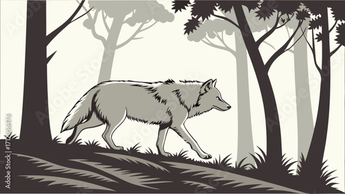 A lone wolf walking through a forest vector illustration wildlife nature animal woodland canid wilderness gray wolf predator wild animal furry mammal silhouette trees woods graphi.