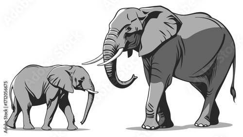 Adult and Baby Elephant Illustration Grey Scale Wildlife Animal Drawing African Elephant Family Mammal Design Vector Art Zoo Animal Graphic.