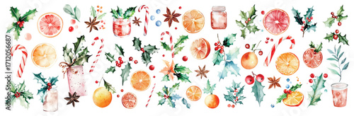 Christmas watercolor decor illustrations holly leaves and berries, oranges fruit, Ingredients for party cocktails or punch, winter New Year warmer drink recipe
