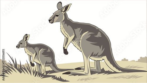 Adult and Joey Kangaroo Illustration Australian Wildlife Marsupial Animal Graphic Nature Art Wildlife Conservation Vector Illustration.