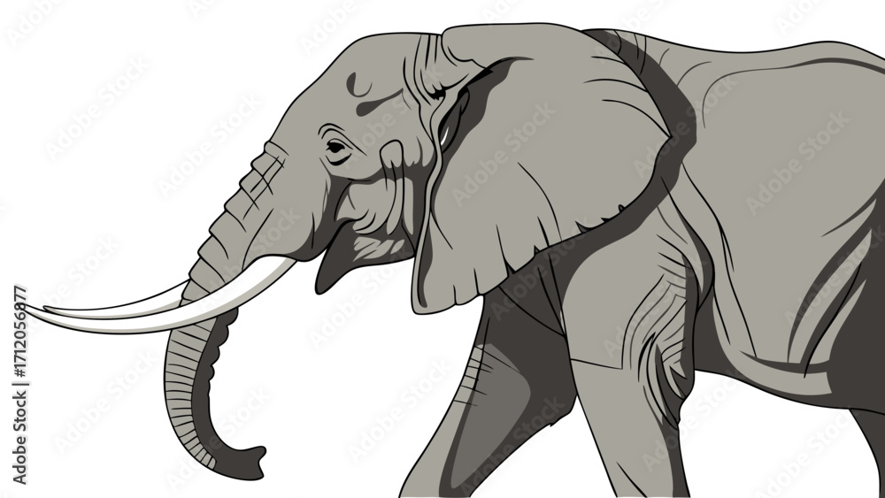 African Elephant Profile Wildlife Illustration Gray Scale Big Tusks Majestic Animal Nature Drawing Vector Art Animal Portrait Elegant Elephant Design.
